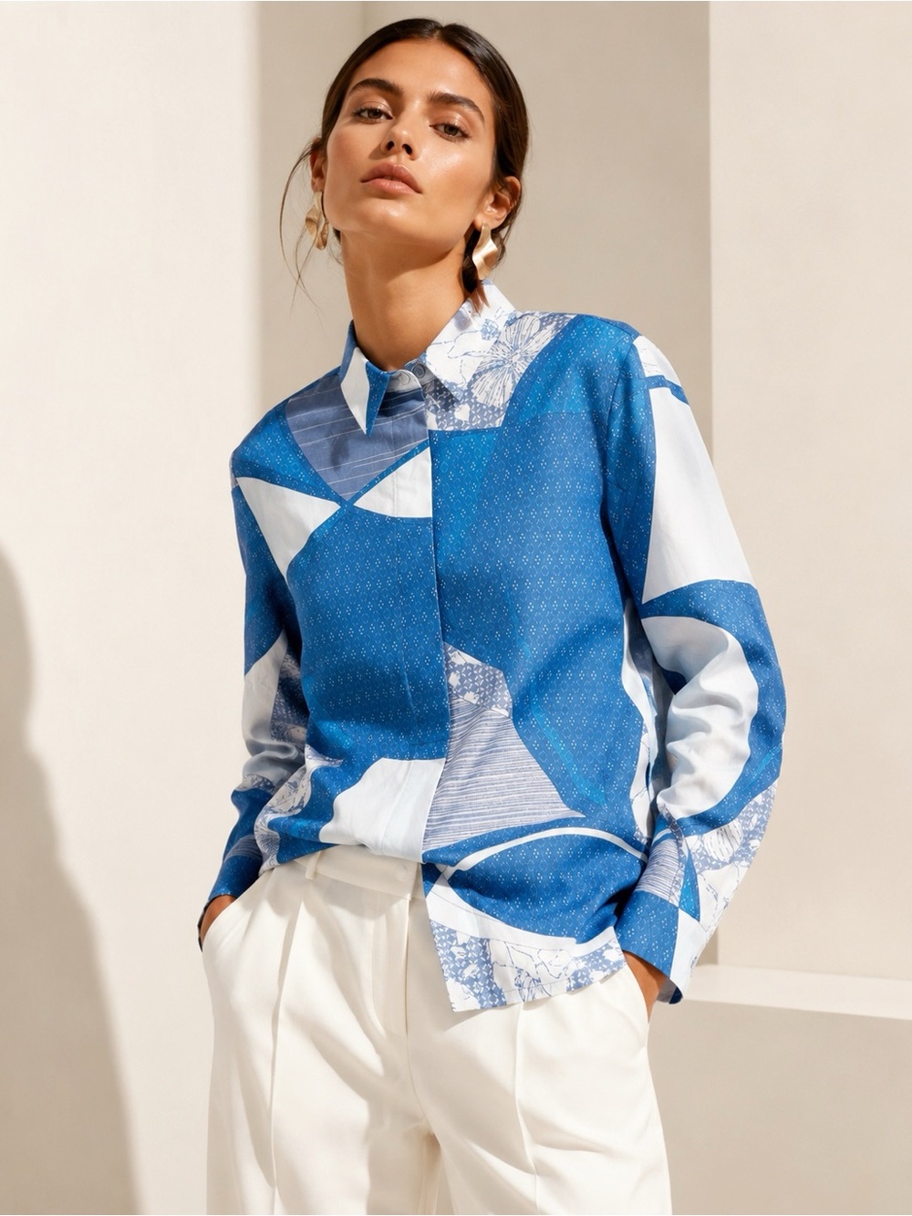 Emilio Pucci Woman Blue Cotton Geometric Button Down Shirt US6 Luxury Designer